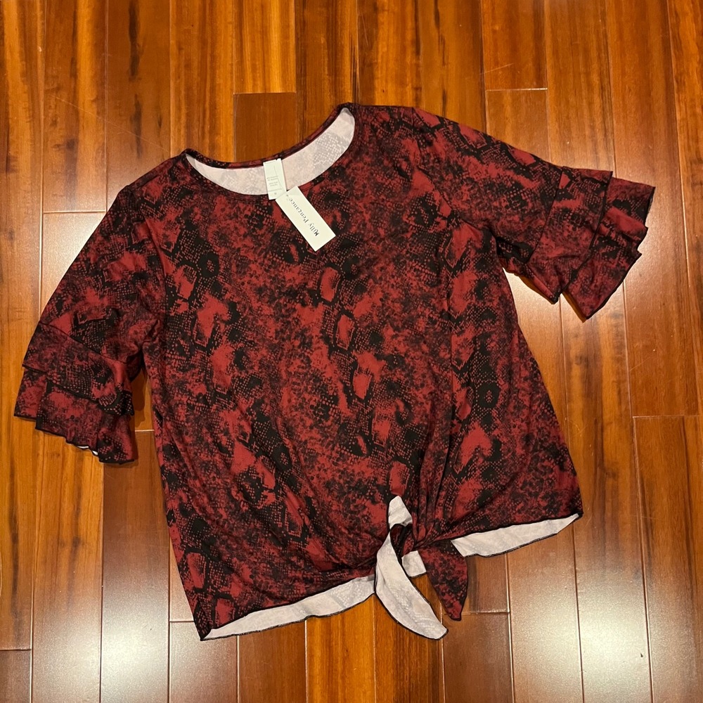 Red Black Snake Tee Milly Penzance Tie Front Short Sleeve Top New Size Medium